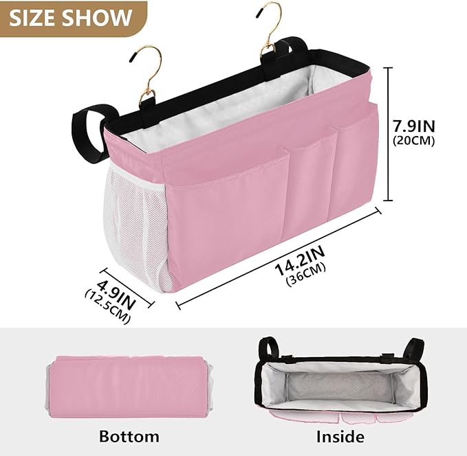Rose Red Bedside Caddy Storage Bag Bedside Organizer for Dorm Room Top Bunk Bed Hanging Storage Organizer 6 Pockets with Hooks for Book Glasses Phone Holder