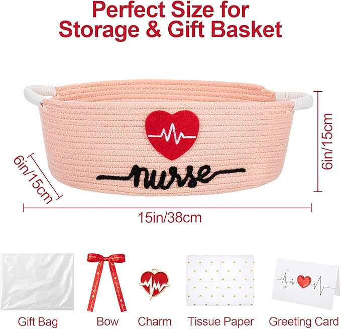 Colingmill 2026 Graduations & Nurses Week Gift Basket Empty to Fill, Woven Rope Basket 15" x 11" x 6" Decorative Storage Baskets with Gift Bag, Bow, Tissue Paper & Year Charm(Pink)
