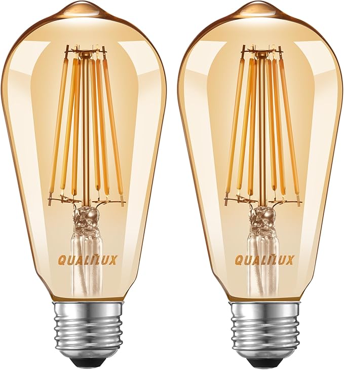Qualilux Dusk to Dawn Edison Light Bulbs ST19, Vintage Amber Glass, 2300K Amber Warm, 6.5W=60W, Non-Dimmable Auto On/Off Light Sensing LED Filament Bulb Outdoor, 700LM, E26, 2-Pack, HQ-H027