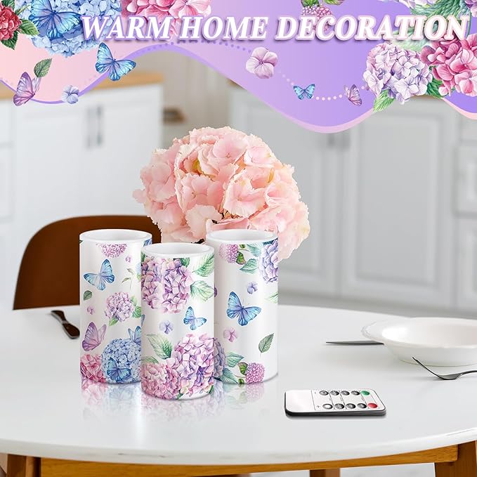 ROCEEI 3 Pcs Spring Flameless Candles Hydrangea Decoration Butterfly LED Candles with Remote Timer Battery Operated Flickering Floral Candle Real Wax Table Centerpiece for Home Easter Wedding Decor