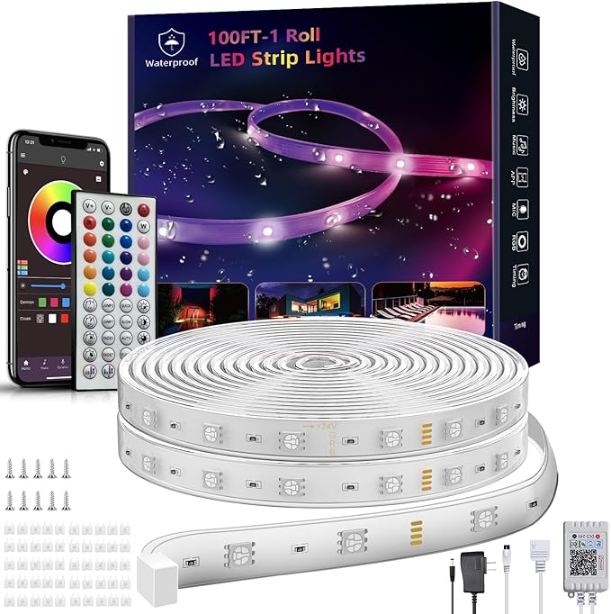 Ledagic Outdoor Led Strip Lights Waterproof 98ft (1 Roll), Ip65 Outside Led Light Strip Waterproof with Remote and App Control, Exterior Led Rope Lights Music Syne RGB Strip Lights for Bedroom Decor
