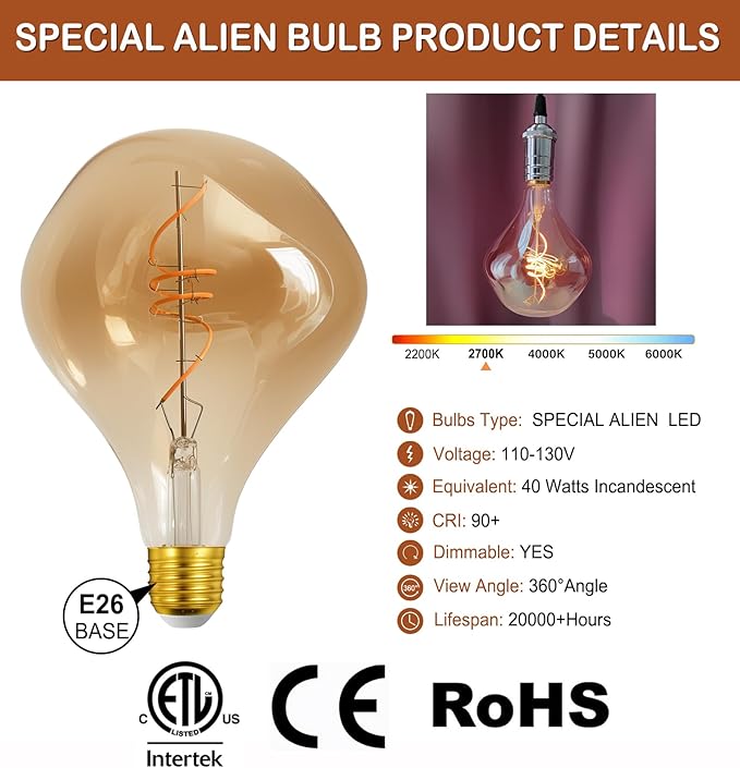 40 Watt Decorative Vintage LED Light Bulbs, Special Alien 4W LED Filament Edison Bulb,2700K Oversized Golden Warm Lights,Dimmable E26 Lamp Base,1-Pack