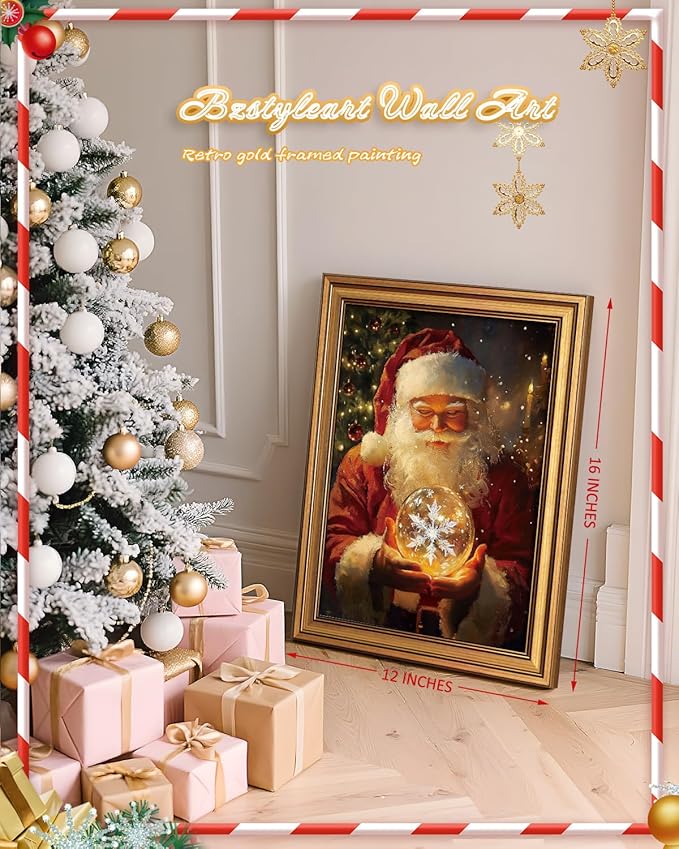 Bzstyleart Vintage Wall Art Decor, Vintage Chiristmas Wall Art Framed, 12 x 16 Inch Framed Christmas Decorations Indoor Winter Decor, Christmas Santas Claus Holding a Glass Ball