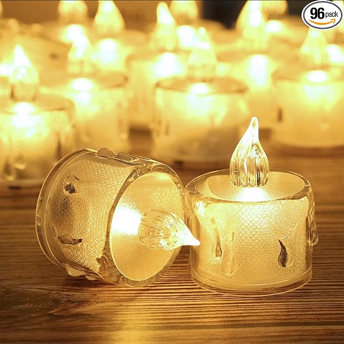 SupBri 96 Pack Flameless Tea Lights, Crystal Led Tealight Candles, Electric Fake Votive Candles for Valentines Christmas
