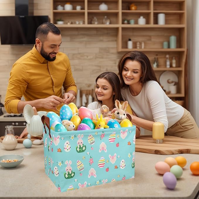Large Rectangular Cute Kid Easter Basket Empty Bunny Eggs Easter Basket Gift Spring Room Storage Organizer Décor (Rabbit Easter Egg With Blue Background)