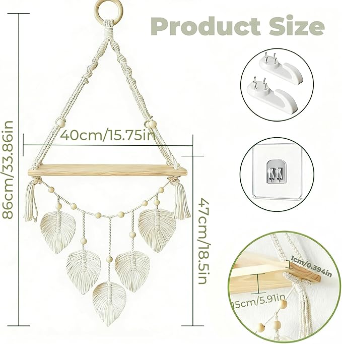 Wooden Floating Shelves for Room Wall, Hanging Storage Organizer, Boho Wall Decor, Plant Shelf for Bathroom, Bedroom, Office, Kitchen, Living Room, Dorm (White, 1 PCS)