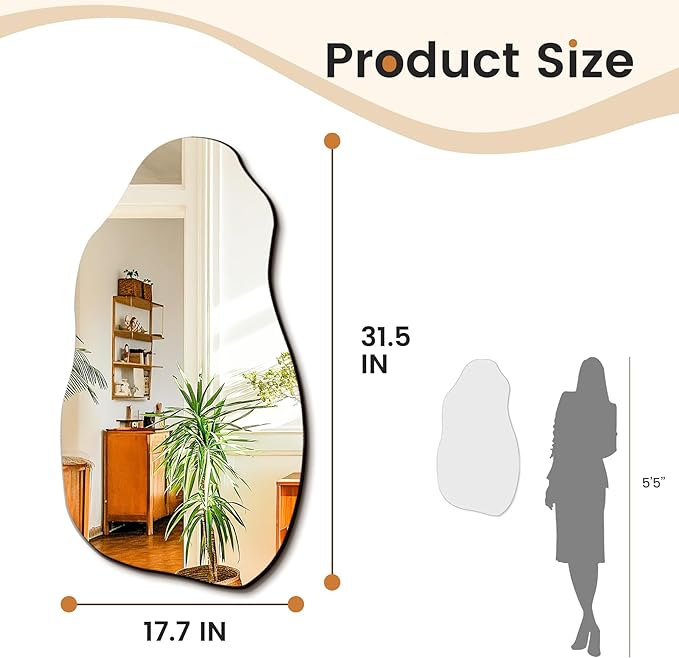 TRAHOME Irregular Asymmetrical Wall Mirror for Living Room Bathroom Entryway, Modern Decorative Mirror Hanging (Hook Style, 32'' x 18'')