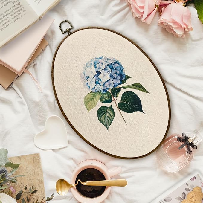 JQF Blue Hydrangea Floral Oval Wall Decor, Cottagecore Floral Botanical Oval Canvas Wall Art, Neutral Antique Flower Framed Prints Hanging Decor for Home Bedroom Living Room, 8.5x11.5 Inch Set of 2
