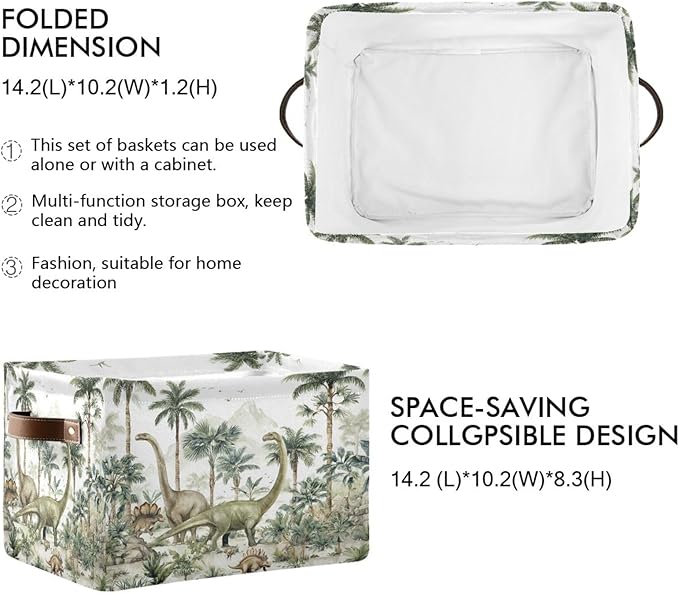 Dinosaur Palm Trees White Rectangular Storage Bin Basket with Handles - Organizer Bin for Books Clothes Laundry Basket for Pets Playroom