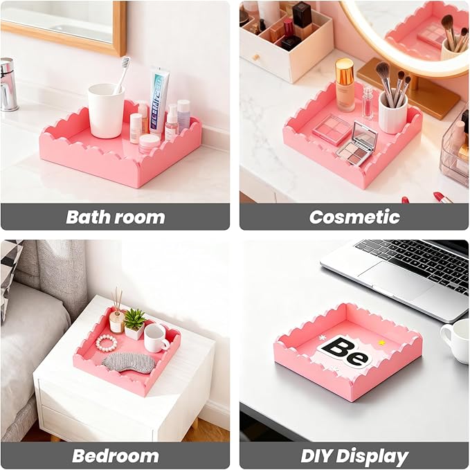 Acrylic Tray, Scalloped Glossy Pink Acrylic Decorative Tray for Home Decor, 8x8 Inch Acrylic Organizer Tray for Vanity Countertop Makeup Skincare Square Acrylic Storage Tray (Square Pink)
