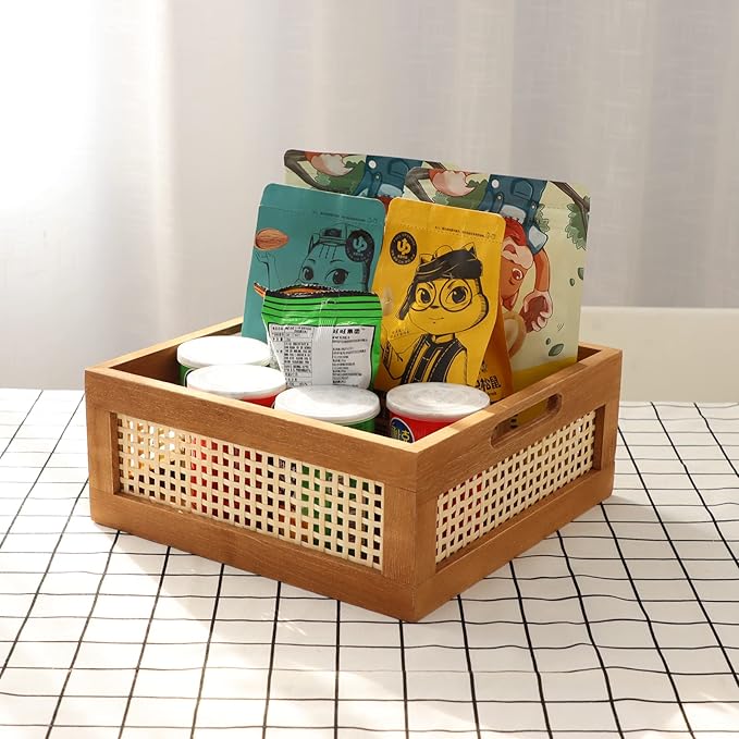 YAHUAN Woven Wooden Basket Wood Storage Crate Box, Bamboo Basket with Built-In Handles for Kitchen Pantry, Cabinet, Office, Bedroom, Rustic Country Decor (Brown)