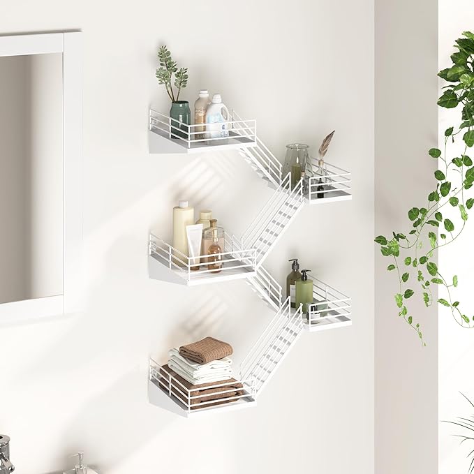 Fire Escape Shelf - 5 Tier Large White Metal Fire Escape Wall Shelves with Baskets, New York Action Figurine Display Shelf, Unique Rustic Floating Decorative Wall Shelves for Home