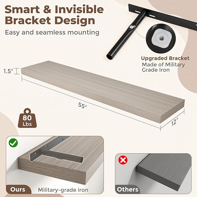 Fun Memories 55 Inch Fireplace Mantel Shelf, 12 Inch Deep Shelves for Display & Wall Storage, Rustic Wood Wall Shelf, Extra Long Floating Shelves for Bathroom Bedroom Living Room, Grey, 2 Pack
