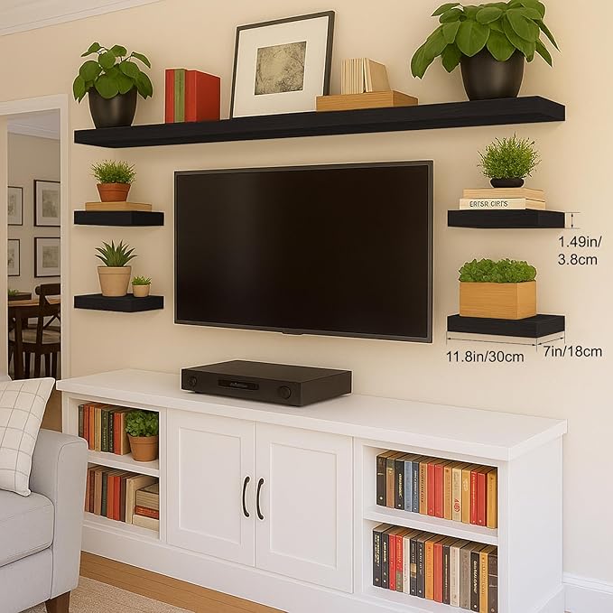 Floating Shelves Bathroom for Wall, Bathroom Shelves Over Toilet, Wall Shelves & Book Shelf, Hanging Shelf, Modern Wooden Wall-Mounted Small Floating Shelves, 12x7x1.5 in (Black, Set of 2)