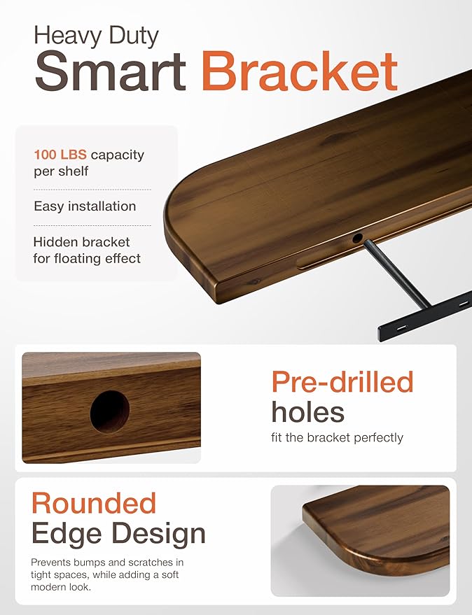 BATODA Set of 2 24” Acacia Floating Shelves for Wall (Round Edge) - Floating Bookshelf Wall - Storage Wood Shelves for House Decor, Kitchen, Bathroom - Brackets and Hardware Included (Walnut Color)