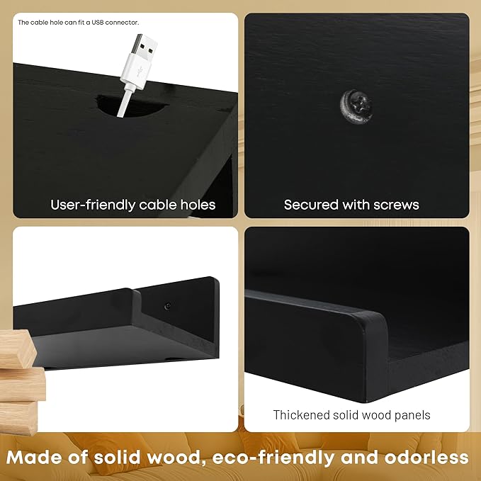 Floating Wall Shelves Set of 2, 12-Inch Solid Wood Shelves with Cable Holes, Small Display Shelf for Router, Webcam, Smart Speaker, Camera – Black