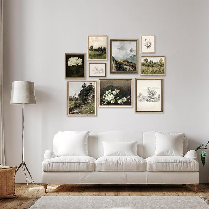 Vintage Wall Art French Country Wall Decor, Vintage Posters for Room Aesthetic Picture, Dark Green Antique European Landscape Flower Meadow Gallery Canvas Art Prints Painting for Bedroom Living Room,