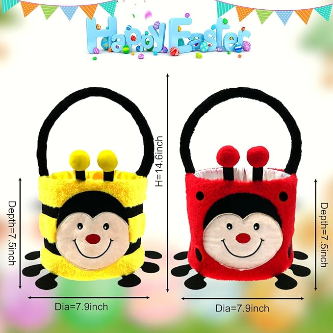 DearSun 2 Pcs Easter Basket Bee & Ladybird Plush Baskets, Easter Egg Hunting Basket for Kids Gifts Party Decoration Supplies, Dia 8" * H 15.7"(Ladybird & Bee)
