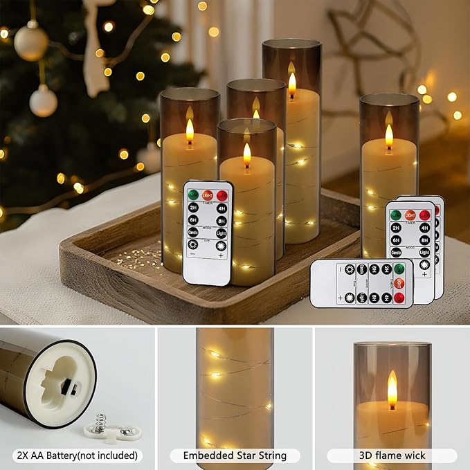 12-Pack Gray Acrylic Flameless LED Candles with Embedded String Lights - Remote Control for Holiday & Home Decor,Wedding.