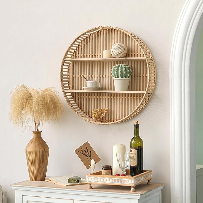 Rattan Wall Shelf 3 Tier Boho Wall Mounted Shelf Farmhouse Handcraft Round Floating Shelf Display Rack Storage Circular Hanging Shelf for Livingroom Home Decor