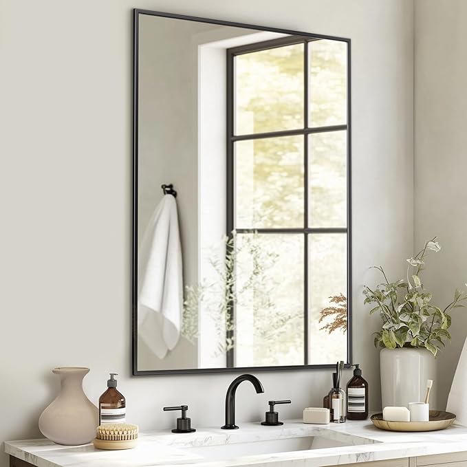 Antok 40x30 Black Metal Framed Bathroom Mirror, Wall Mirror with Rect Corners, Vanity Mirror for Over Sink, Anti-Rust Tempered Glass, Horizontal/Vertical Hanging for Bathroom, Living Room, Entryway