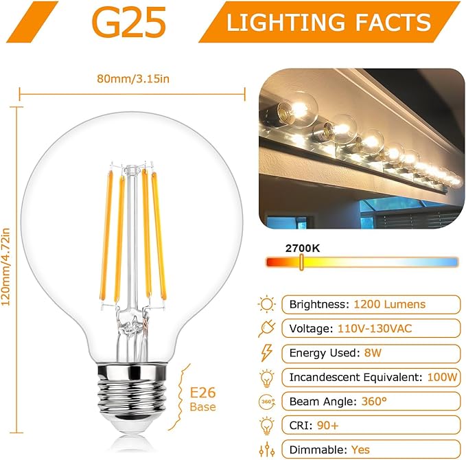 G25 LED Globe Light Bulbs, Dimmable Edison Filament Vanity Light Bulbs, 8W 100W Equivalent, 1200 Lumens Bright, 2700K Soft White, E26 Medium Base Clear Glass for Bathroom Vanity Mirror, 4 Pack