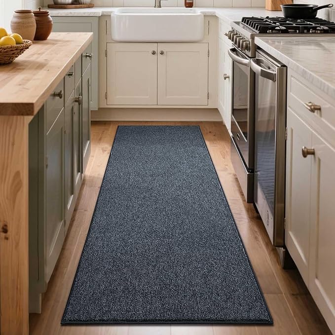 FinRèc 2x6 Washable Runner Rugs for Kitchen Hallway Bedroom, Low Pile Thin Rug Solid Color, Non-Slip Carpet Indoor for Home Decor (Navy Blue/White)