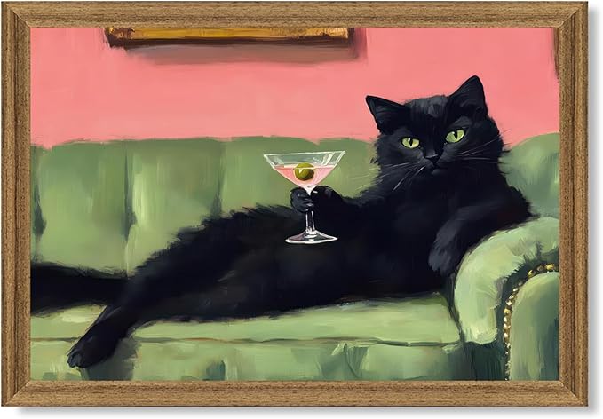 Fantasy Artists Humorous Black Cat Character Wall Art – Relaxed Anthropomorphic Illustration with Playful Attitude, Framed Canvas for Living Room, Office or Creative Space, 20W X 30H