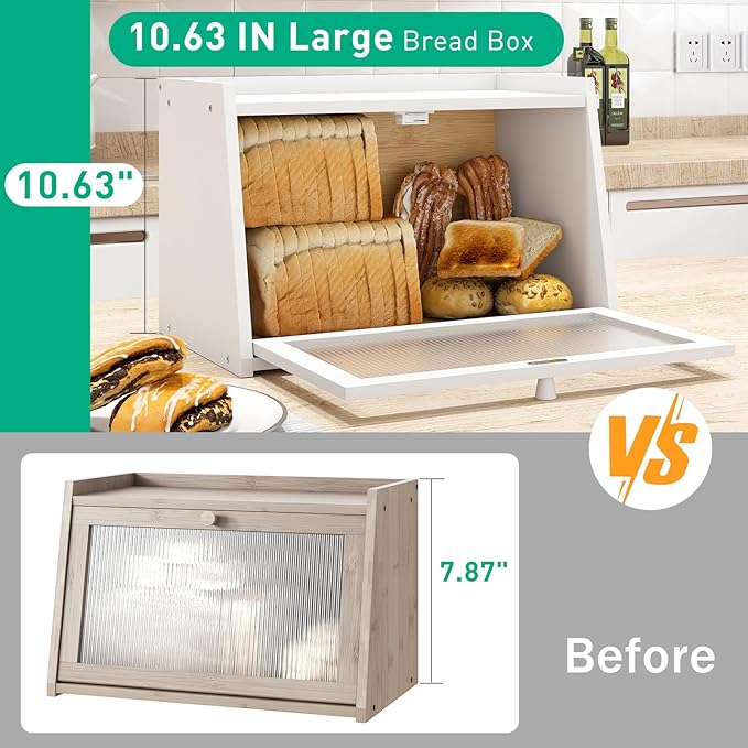 kiplant Bread Box for Kitchen Counter, Large Bamboo Bread Storage Container with Wavy Arcylic Door, Bamboo Wooden Farmhouse Bread Box for Your House (White, Medium)