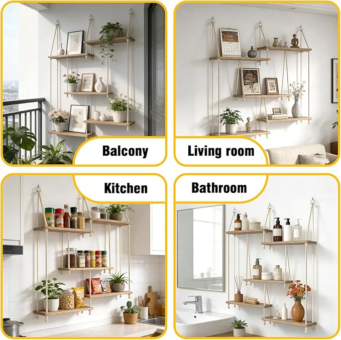 Hanging Shelves for Wall 5 Tier Macrame Rope Floating Shelves with Vine Lights Boho Wall Mounted Decor Wood Organizer Storage Rack for Bedroom, Bathroom, Kitchen