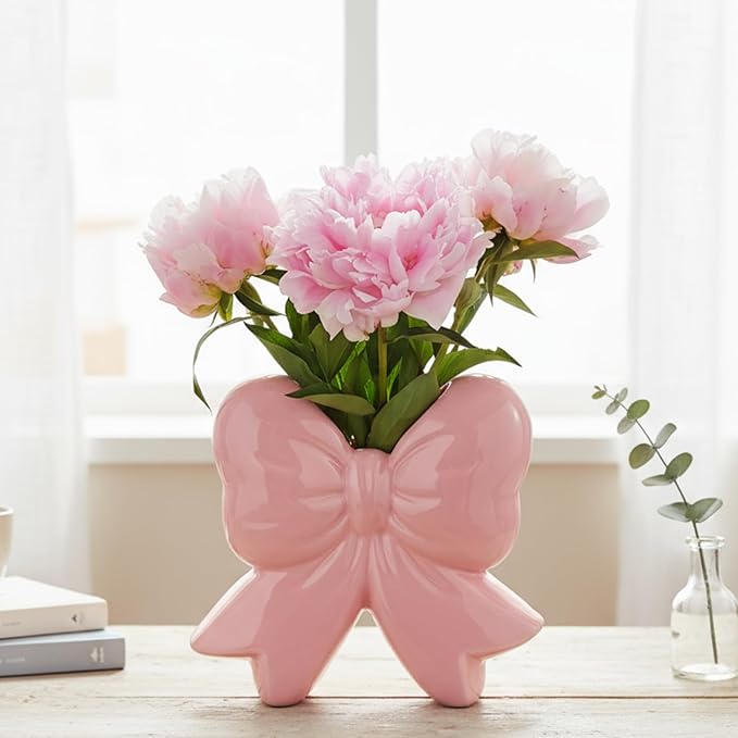 Jingmore Pink Bow Vase Coquette Ceramic Vase Pen Holder Makeup Brush Holder Contemporary Design Women Decorative Gift for Wedding Home Office Shelf Table Room(Small, Classic)