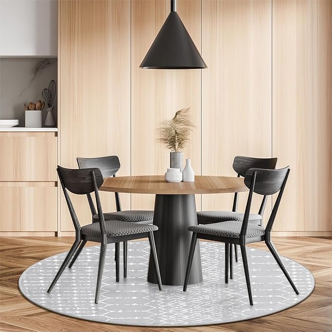 Lahome Moroccan Round Rugs 6Ft Washable Circle Area Rug for Living Room Grey Non-Slip Stain Resistant Dining Room Rug Large Circle Rug, Modern Geometric Print Indoor Round for Bedroom Entryway Hana