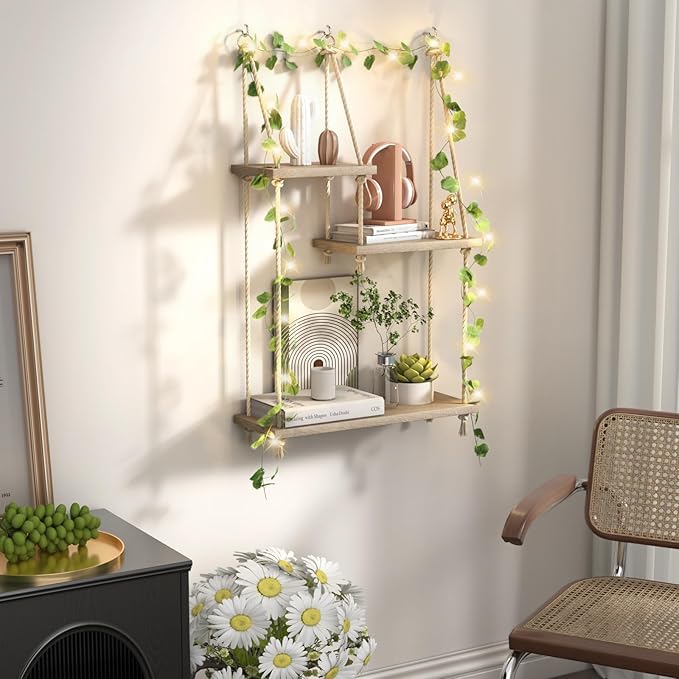Hanging Shelves for Wall 3 Tier Macrame Rope Floating Shelves with Vine Lights Boho Wall Mounted Decor Wood Organizer Storage Rack for Bedroom, Bathroom, Kitchen