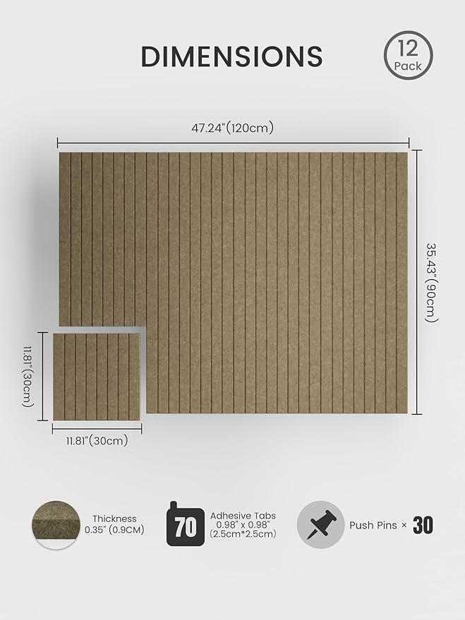 Bumusty Large Cork Board Alternative-48 x 36" Felt Bulletin Board Tiles, with 30 Pushpins, 70 Adhesive Tabs, Fine-Stripe 12-Pack, Cork Boards for Office Push Pin Board Felt Board-Earth Brown
