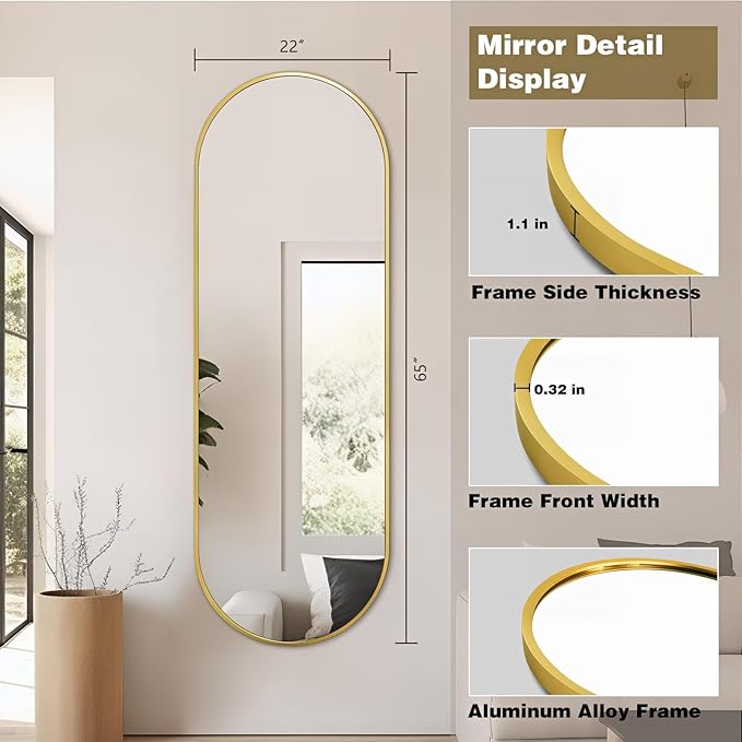Niccy 65"×22" Oval Full Length Mirror, Long Oval Mirrors with Unique Metal Frame Large Explosion-Proof Hanging Mirrors for Living Room, Decorative Vanity Mirror for Bathroom, Bedroom, Teal-Gold