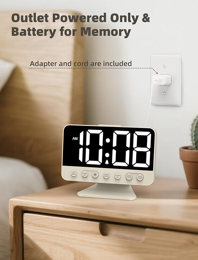 Odokee Digital Alarm Clocks for Bedrooms: Large Bold Number 5 Brightness Dimmer - Easy to Read Across The Room - 5 Alarm Sound 8 Night Light - Putty