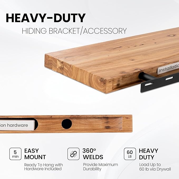Fun Memories Floating Shelves for Wall, 24"x9.3" Solid Wood Floating Live Edge Shelf, Heavy-Duty Wall Shelf with Invisible Brackets, Set of 2 for Living Room, Bedroom, and Kitchen, Natural Finish