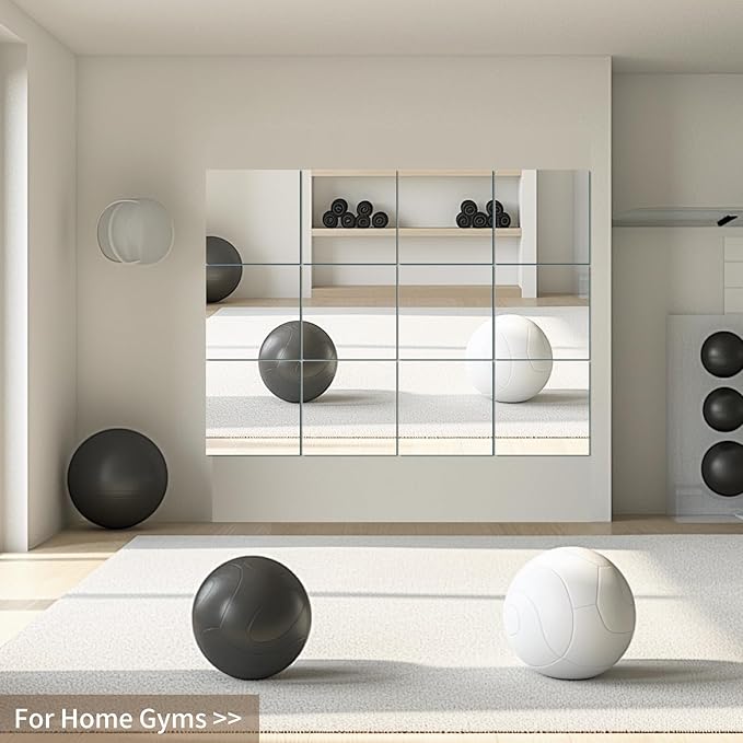 JAMBALAY Full Length Wall Mirror Tiles, 10''×12''×12Pcs Home Gym Mirrors for Gym, HD Glass Wall Mirror Tiles, Self Adhesive Frameless Wall Mirror for Bedroom, Living Room, Over The Door