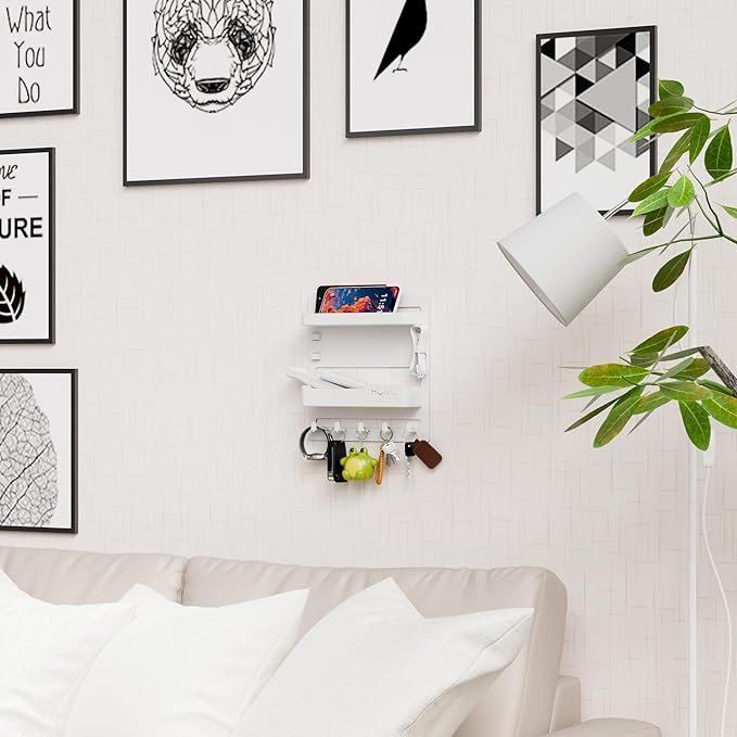 Yieach Bedside Wall Organizer for Dorm Bed,Rv,Small Room and Nightstand,Wall Mounted Floating Shelves and Bedside Shelf for Remote,Phone Holder,Charging Shelf,Cute Bedroom Decor for College Girl,White