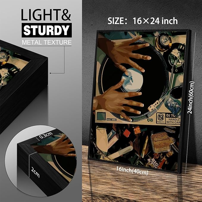 Music Record Canvas Posters Black Woman Abstract Wall Art Vintage Trendy African Girl Prints 16X24 inch Black Framed for Living Room Bedroom Dorm Wall Decor