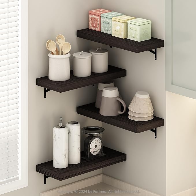 Furinno Tanna Floating Shelves for Wall Set of 4, 22-Inch Wall Shelf, Triple Thick Floating Mounted Shelf, for Bathroom, Home Office, Living Room, Tobacco Oak