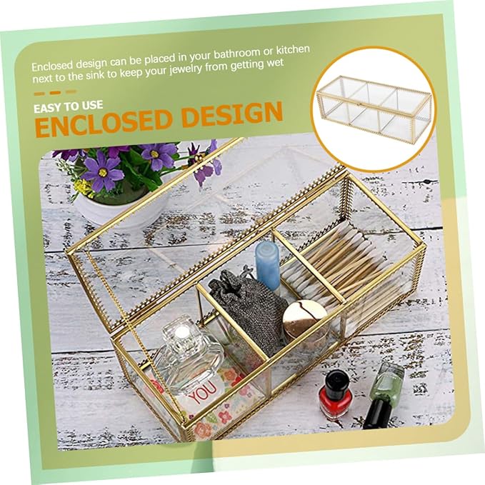 FRCOLOR Jewelry Organizer Box with Glass Lid and Gold Metal Frame Compartment Makeup Organizer Case for Rings Earrings Necklaces Dustproof Decorative Storage for Vanity Desk and Bathroom