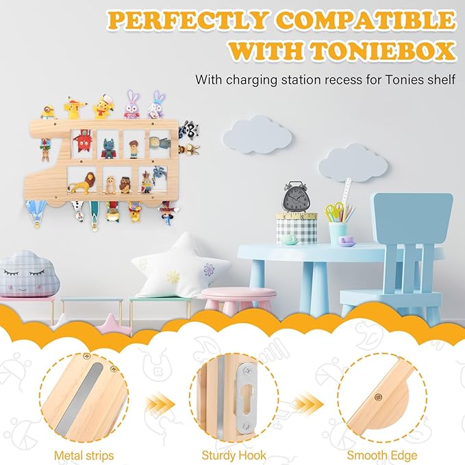 Car for Tonies Box Figures Characters Organizer Storage Shelf Wall Mounted, Bus Wooden Magnetic Floating Shelves for Tonies Characters, Display Collection 15~25 Characters