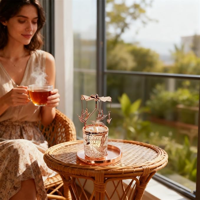 Metal Rotary Candle Holder Spinning Windmill Tea Light Carousel Decor for Home & Gifts (Rose Gold Hummingbird)