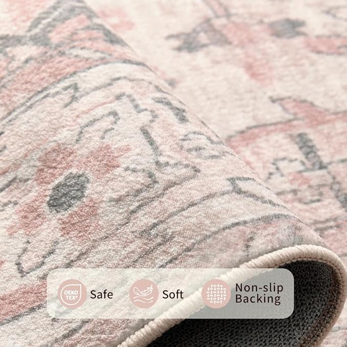 Rugxara Pink Rug for Living Room Bedroom, 5x7 Washable Area Rugs, Cute Boho Style, Non Slip & Low Pile Faux Wool Carpet for Indoor Nursery Room, Classroom Dorm, Kids Room and Dining Room(Pink 5x7ft)