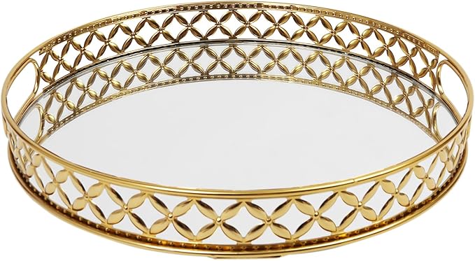 12.6 Inch Round Gold Mirrored Vanity Tray,Metal Mirror Decorative Jewelry Storage Tray,Perfume Makeup Organizer Trays for Dresser Bathroom Counter Home Decor