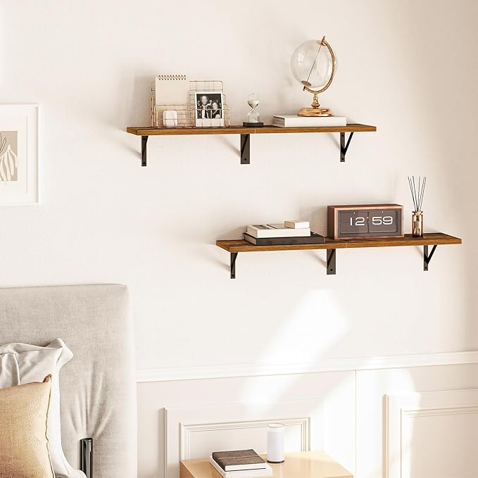 HOOBRO Floating Shelves, 30 Inch Wall Shelf Set of 2, Wall-Mounted Storage Shelves, Retro Hanging Shelf with Metal Frame, for Living Room, Bedroom, Bathroom, Kitchen, Rustic Brown and Black BF24BJ01