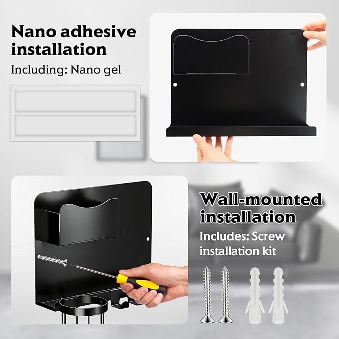 SPOKKI Floating Bedside Wall Shelf Organizer with Remote Control Holder;Metal Adhesive Wall Mount Nightstand Shelf for Bedroom;Dorm Room Essentials;Bed Shelf for Phone,Earphone,Kindle (Black)
