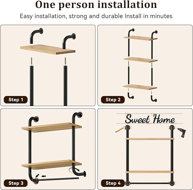 Tinpin Bathroom Shelves Wall Mounted, 3-Tier Rustic Wood Wall Shelf, 17.3 inch Industrial Pipe Floating Shelf for Bathroom,Kitchen,Bedroom,Living Room,Brown