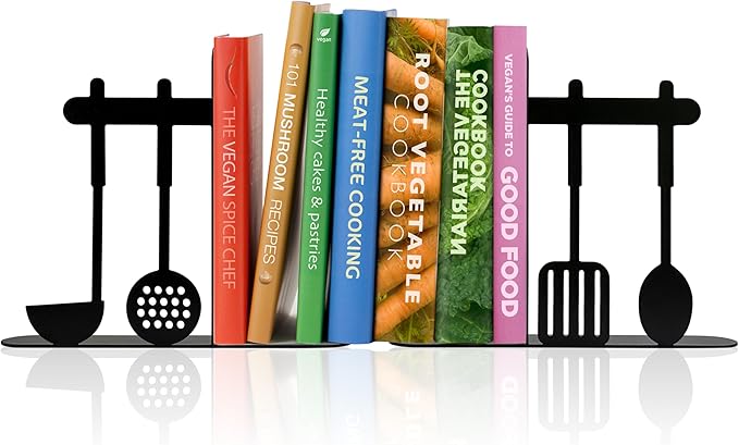 Unique Metal Cookbook Bookends, Decorative Bookends, Cookbook Organizer for Kitchen Decor, Cookbook Holder,Kitchen Bookends, Gift for Cooking Lovers Wife Mother New Home Housewarming(Black)